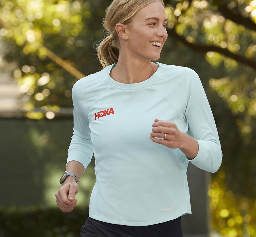 Top Hoka One One Mujer Azules - Performance 3/4 Sleeve - DFQK56274